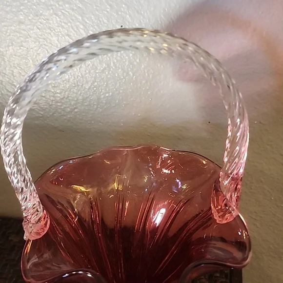 Vintage Fenton Style Glass Basket Vase Cranberry Red Burgundy Vase - Picture 4 of 10